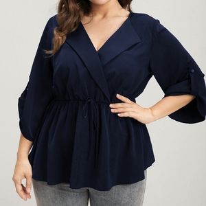 BLOOMCHIC Solid Ties Button Sleeve Flutter Lapel Collar Blouse Blue Size 18